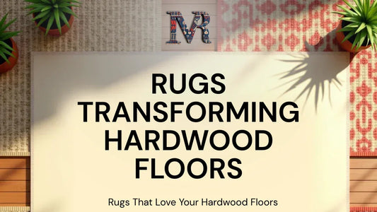 Bright room with patterned rugs on hardwood floors featuring text Rugs Transforming Hardwood Floors
