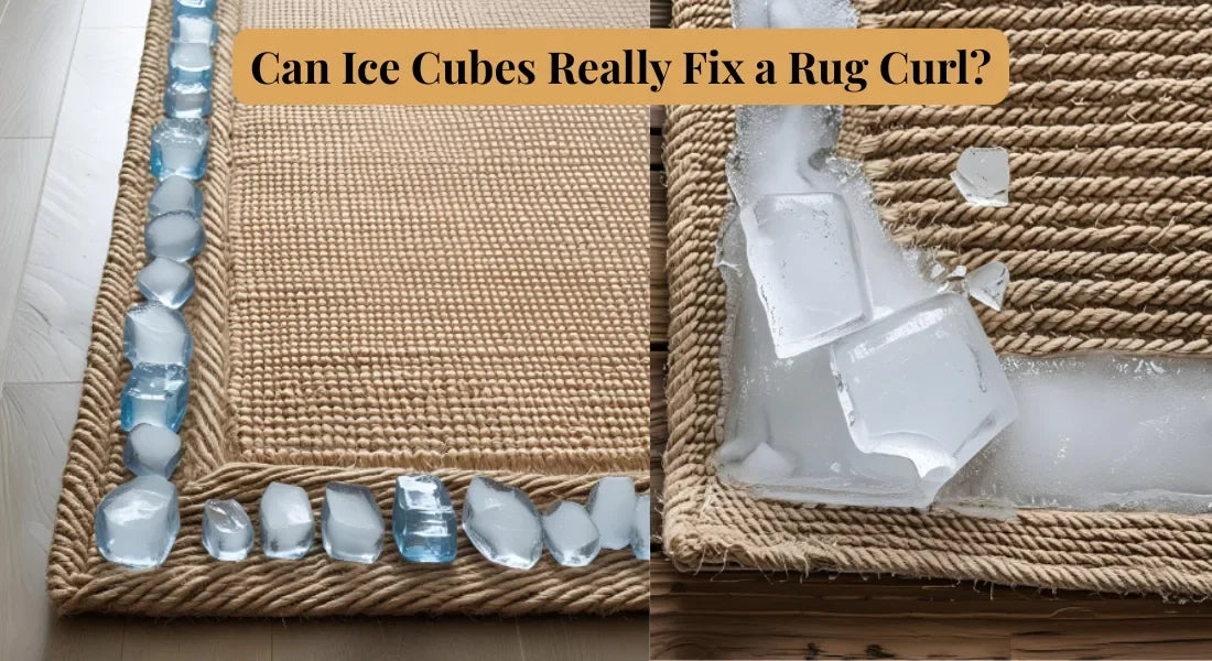 Natural jute rug with curled edges and ice cubes placed along the border to demonstrate a rug curl fix