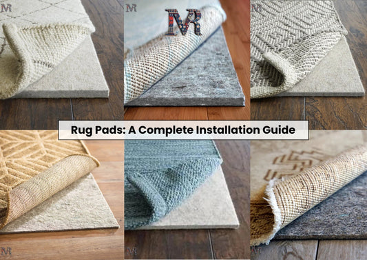 Collage showing various rugs partially lifted to reveal the rug pads underneath on hardwood and tiled floors