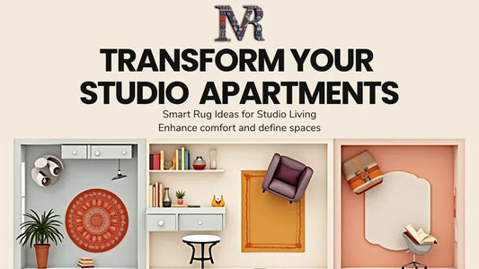 Three studio apartment layouts showcasing smart rug ideas with distinct rugs enhancing comfort and defining spaces