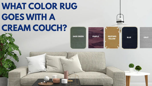 Cream couch in modern living room with plant, white and beige pillows, pendant light, and rug color options: sage green, purple, mustard yellow, blue, gray