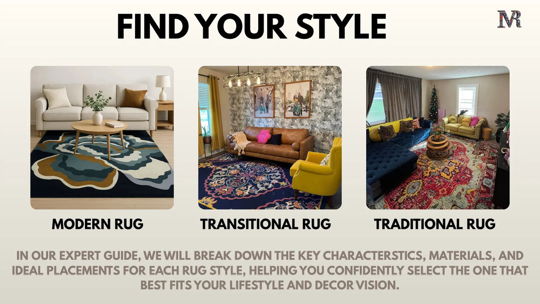 Three living rooms showcasing modern, transitional, and traditional rug styles with distinct furniture and decor