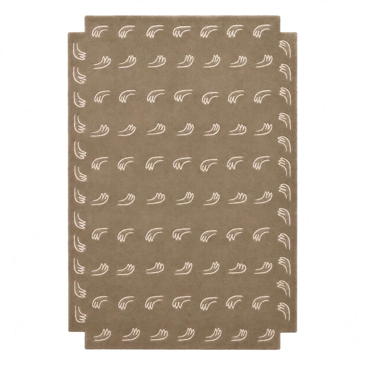 A rectangular area rug in a warm taupe-brown color, featuring a repeating pattern of small white stylized leaf or feather motifs and a matching white border.