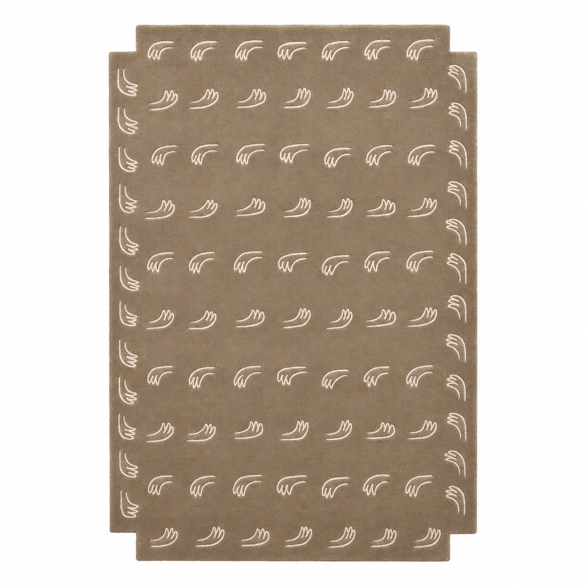 A rectangular area rug in a warm taupe-brown color, featuring a repeating pattern of small white stylized leaf or feather motifs and a matching white border.