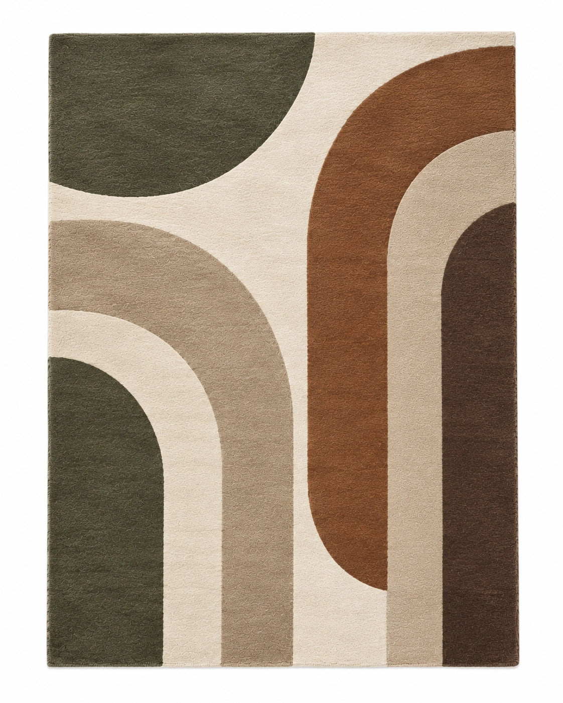 A rectangular area rug with a retro mid-century modern abstract design featuring curved arches in olive green, terracotta brown, taupe, cream, and dark brown on a cream background.