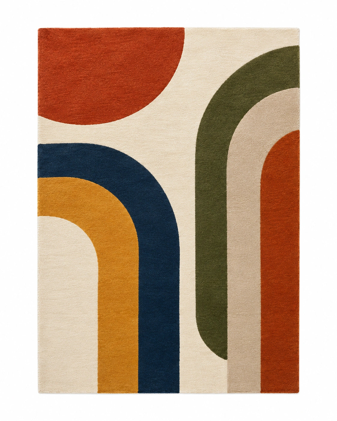 A rectangular area rug with a mid-century modern abstract design featuring bold arches and semi-circles in rust orange, navy blue, mustard yellow, olive green, beige, and cream on a white background.