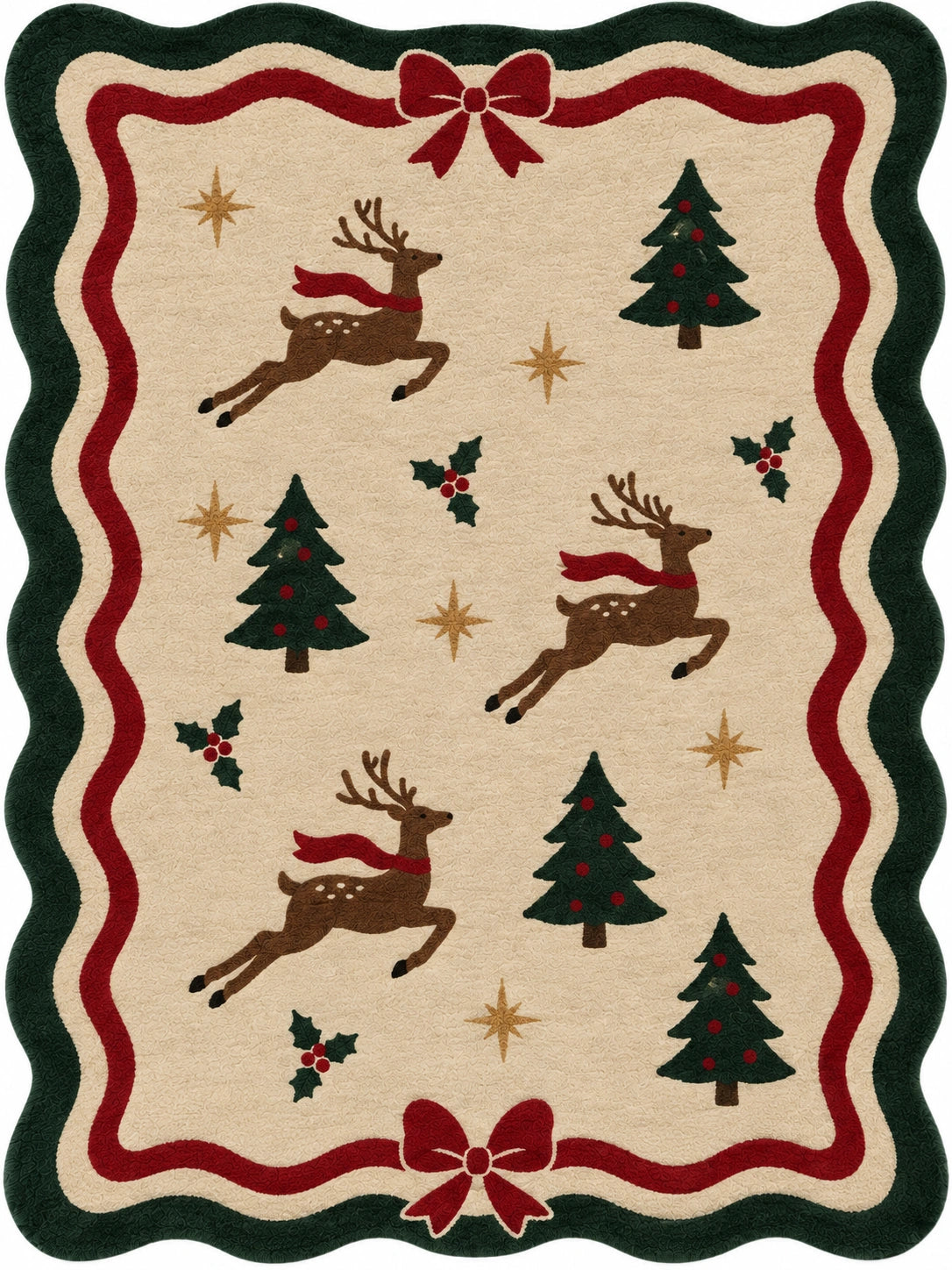 A rectangular holiday-themed rug with a scalloped border, featuring brown leaping reindeer with red scarves, dark green Christmas trees, gold stars, and red holly motifs on a beige background.