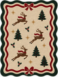 A rectangular holiday-themed rug with a scalloped border, featuring brown leaping reindeer with red scarves, dark green Christmas trees, gold stars, and red holly motifs on a beige background.