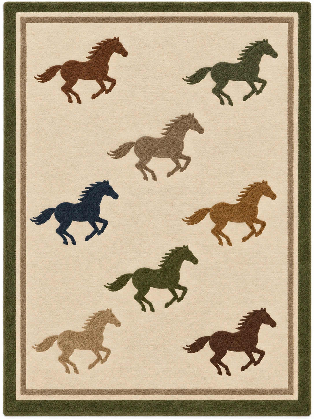 A rectangular area rug with a cream background featuring nine stylized galloping horses in various colors including brown, green, blue, tan, and orange. The rug is framed by a dark olive green border and a thin beige inner border.