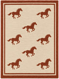 A rectangular area rug with a cream background, featuring a border and eight brown running horse motifs arranged across the surface.