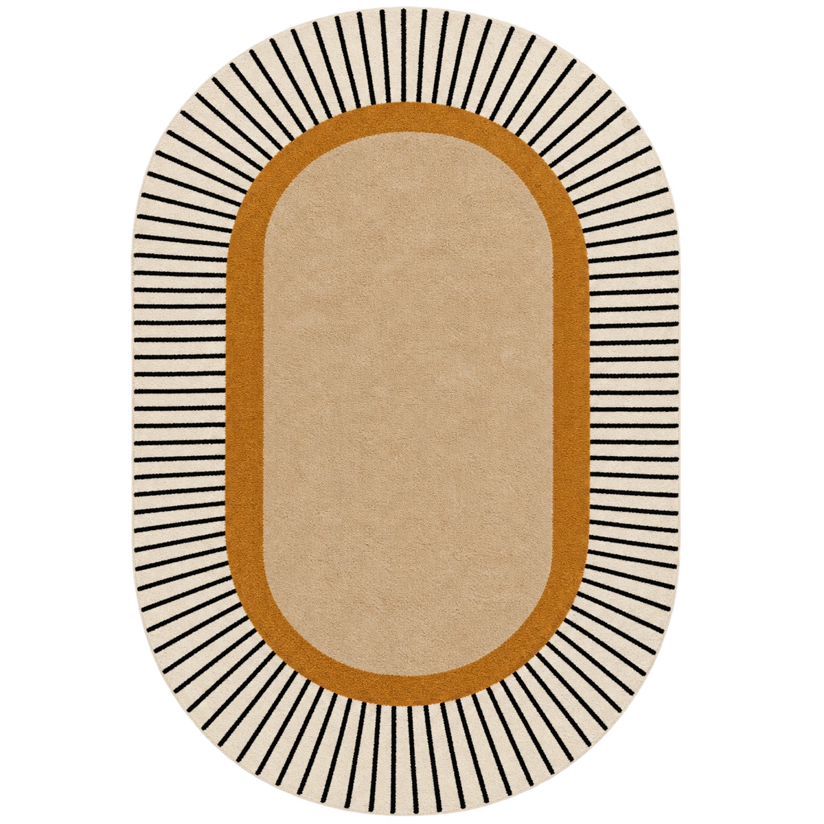 An oval area rug with a modern geometric design, featuring a large beige center, a warm ochre border, and thin black radiating lines on a cream outer edge.