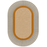An oval area rug with a modern geometric design, featuring a large beige center, a warm ochre border, and thin black radiating lines on a cream outer edge.