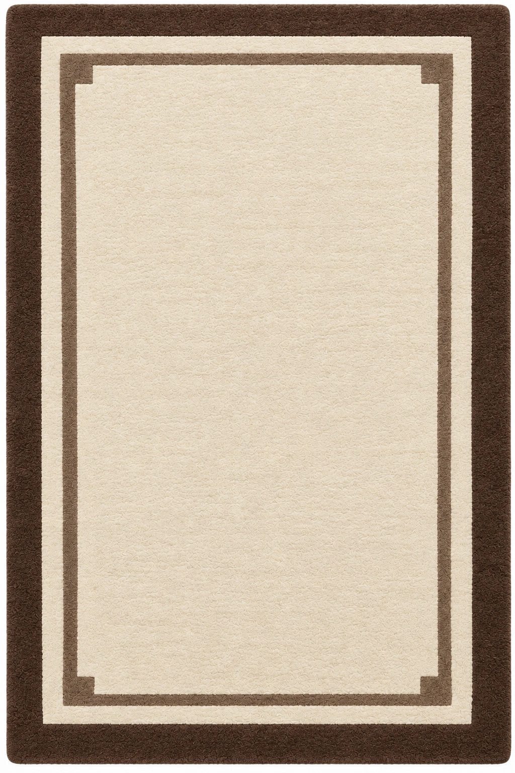 A rectangular area rug with a cream center field, bordered by a medium brown inner border and a dark brown outer border.
