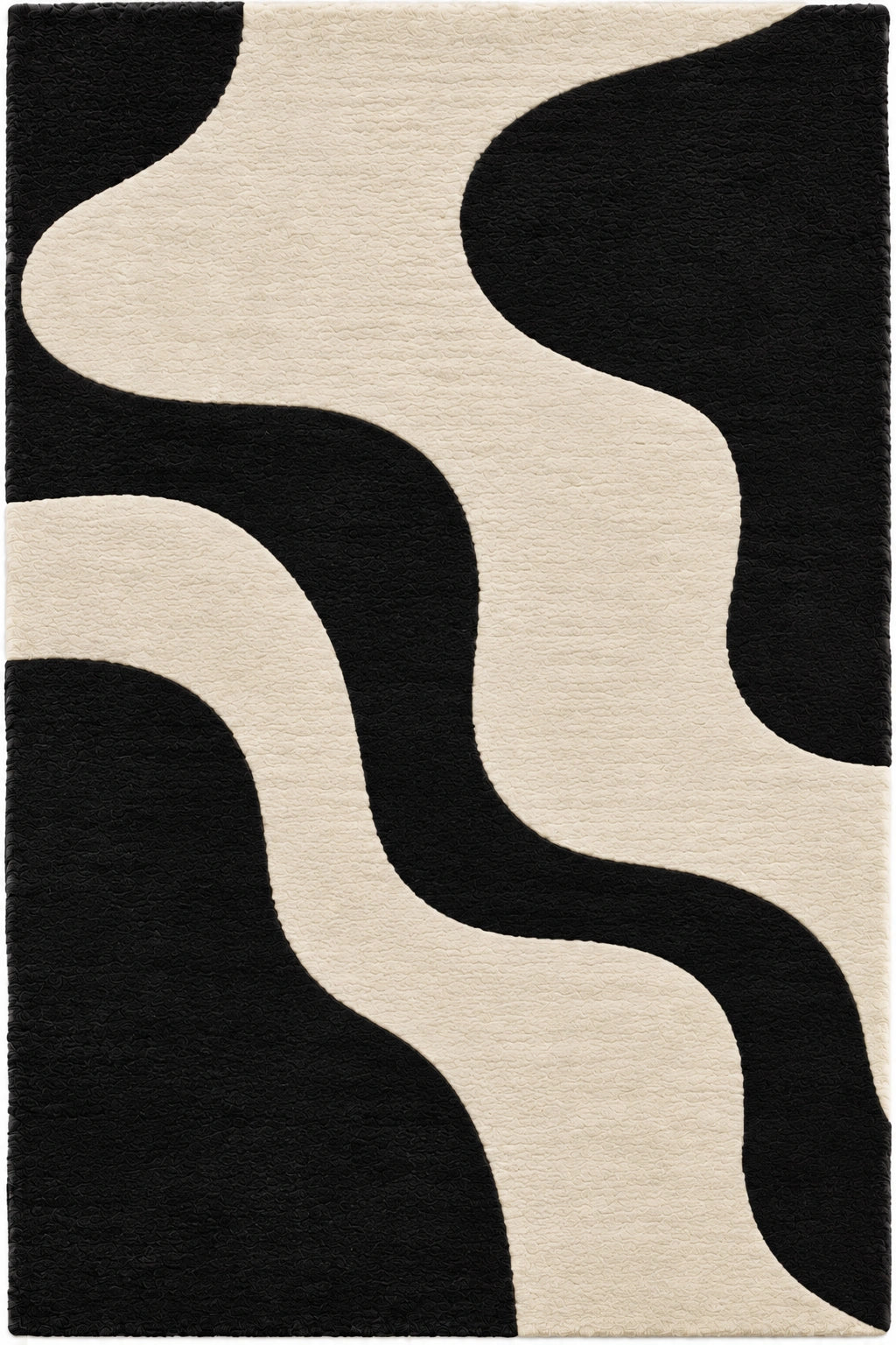 A square area rug with an abstract wavy pattern in black and warm off-white.
