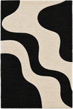 A square area rug with an abstract wavy pattern in black and warm off-white.