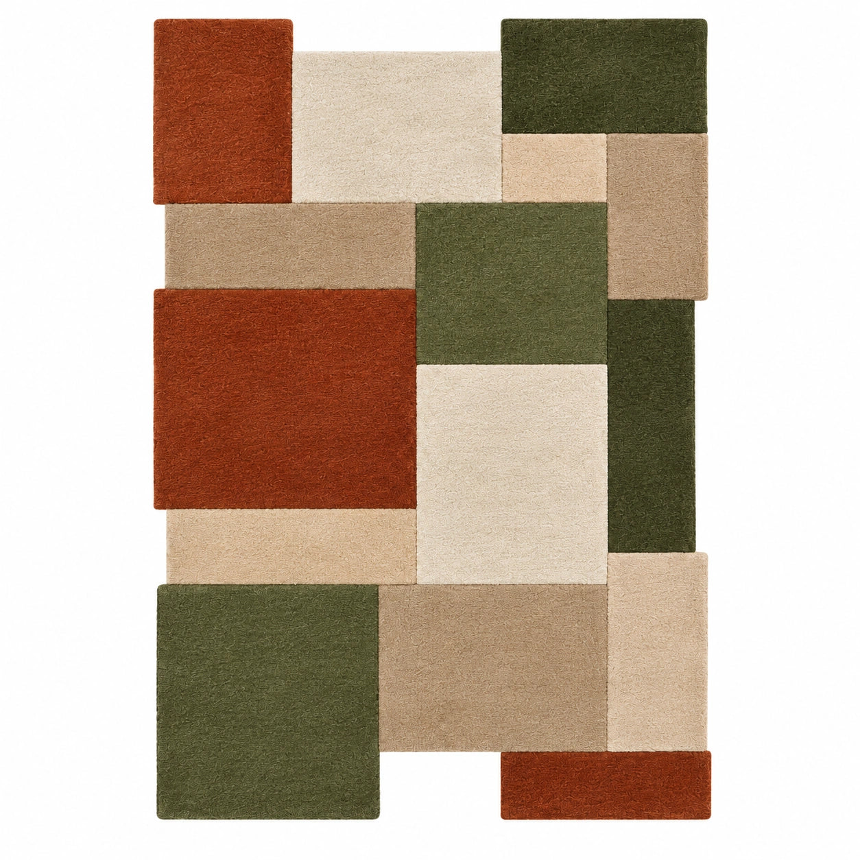 A modern geometric area rug featuring a patchwork design of rectangular blocks in rust red, olive green, beige, and cream, shown flat against a solid white background.