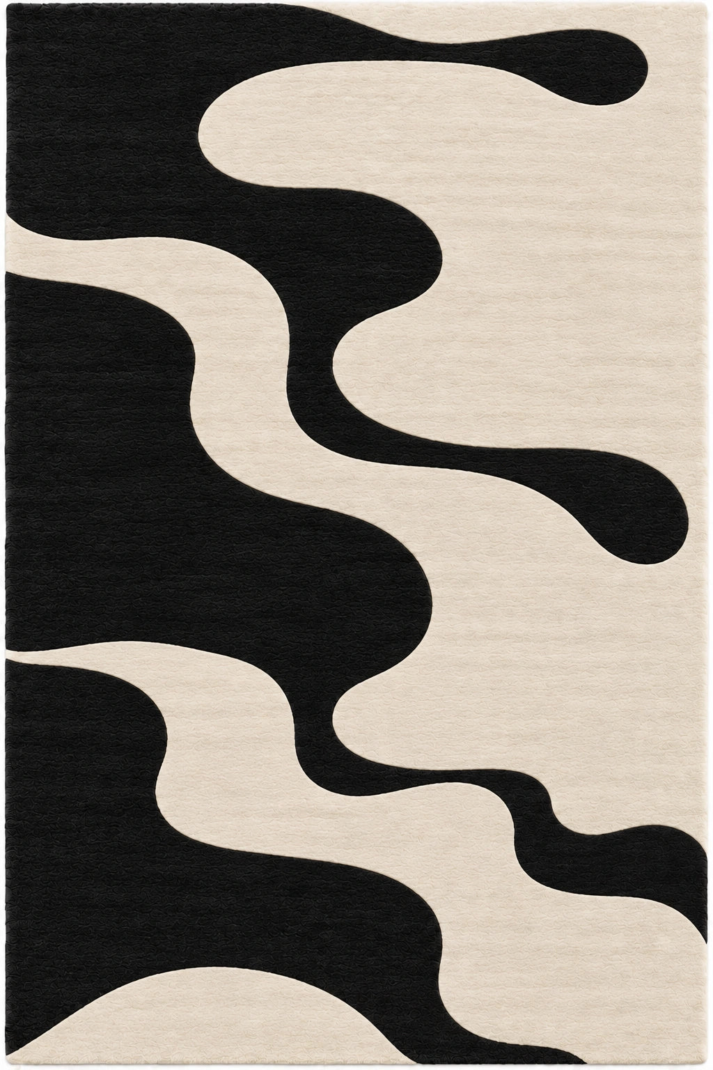A square area rug with an abstract, organic wavy pattern in black and warm cream.