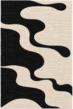 A square area rug with an abstract, organic wavy pattern in black and warm cream.