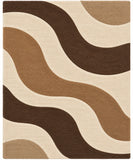 A square area rug with a retro wavy pattern in shades of brown, tan, and cream.