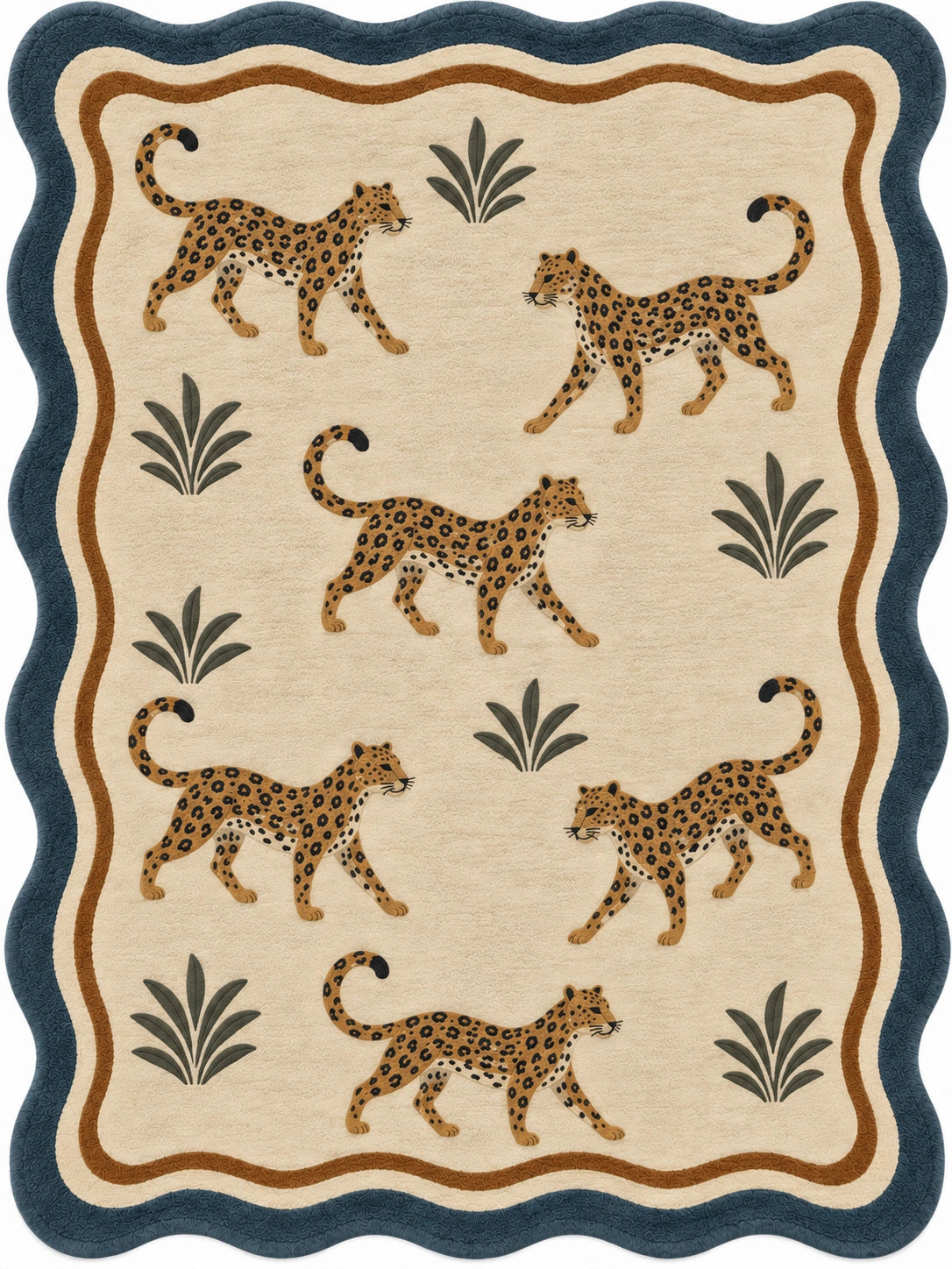 A square area rug featuring a safari theme with five walking cheetahs and palm fronds. The rug has a beige background, brown double-line border, a dark blue scalloped outer border, and the cheetahs are tan with black spots.