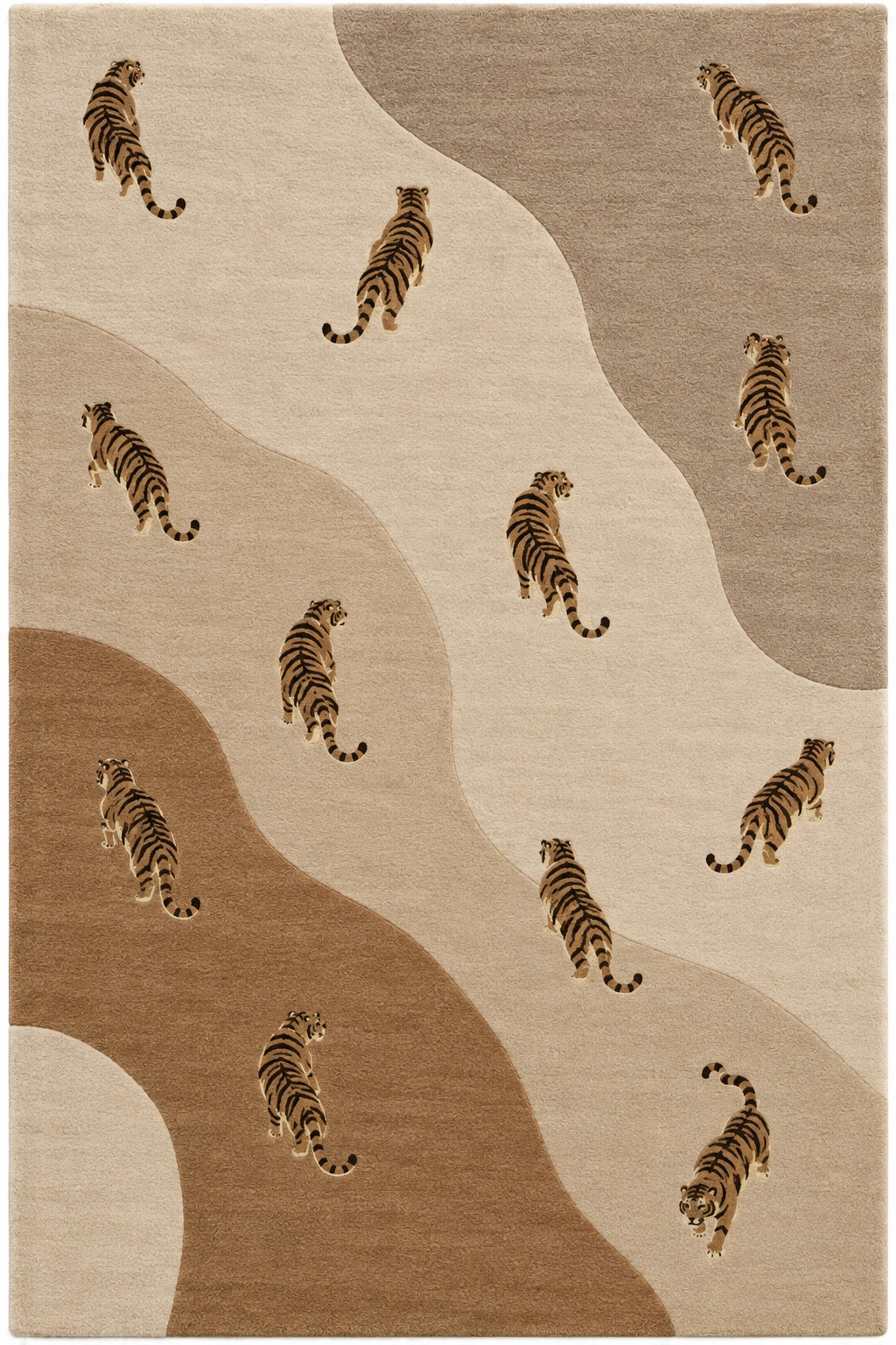 A rectangular area rug featuring a pattern of walking tigers over abstract wavy shapes in beige, tan, and brown.