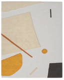 Geometric hand-tufted wool rug with abstract shapes in beige, mustard, black, and rust colors