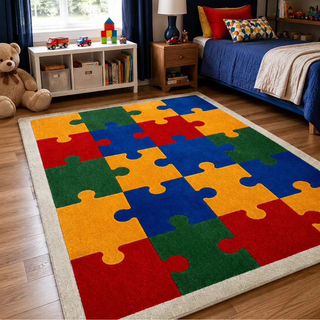 A colorful children's bedroom featuring a large area rug with interlocking jigsaw puzzle pieces in red, yellow, green, and blue, placed on a light wood floor.
