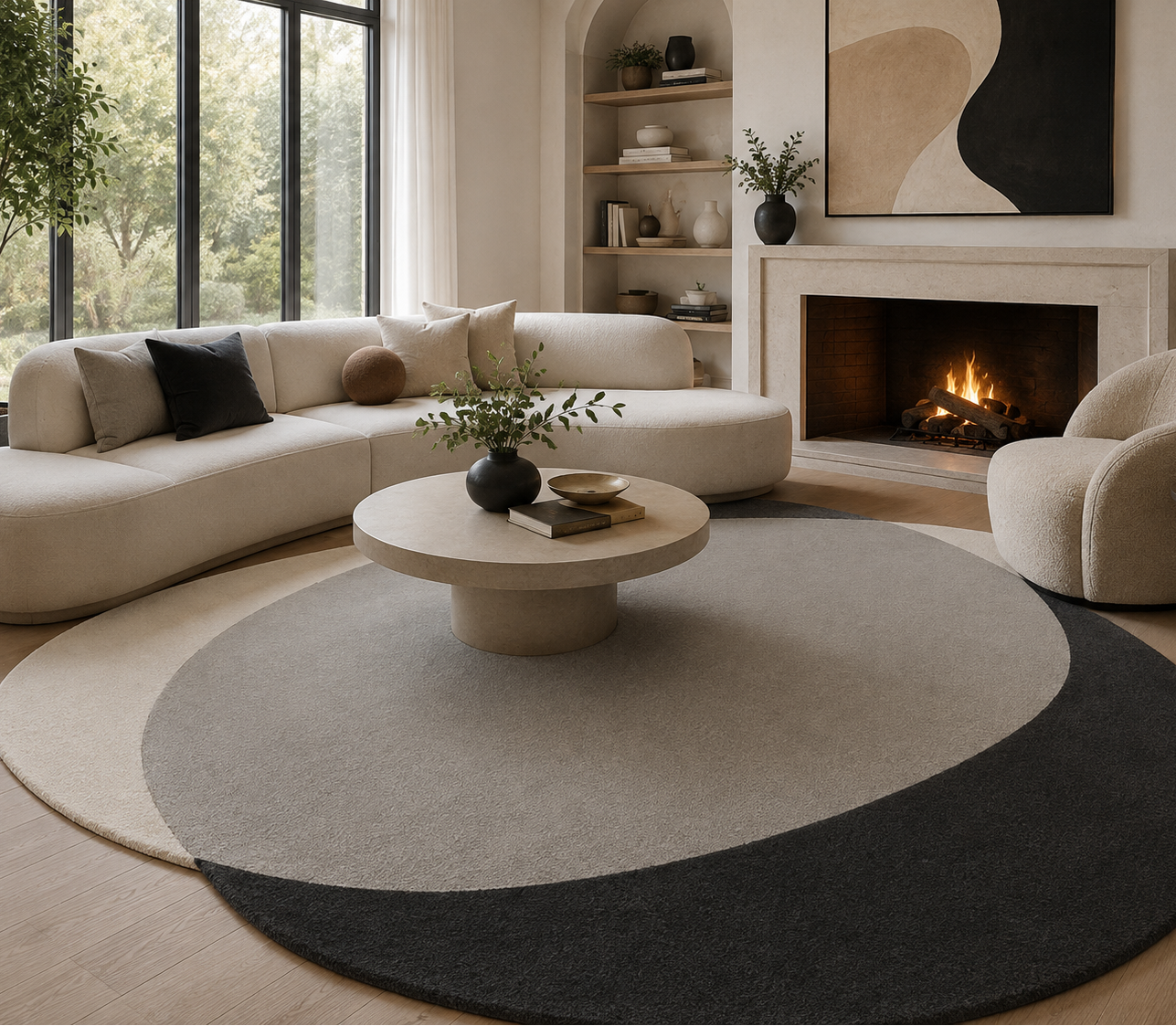 A modern living room featuring a large round area rug with three color-blocked sections in cream, light gray, and charcoal. The rug is styled with a low round stone coffee table, a curved cream sectional sofa, a matching accent chair, and a fireplace in the background.
