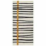 A rectangular area rug with a modern abstract pattern featuring horizontal black brushstroke lines on an off-white background, accented by a vertical mustard-gold stripe.