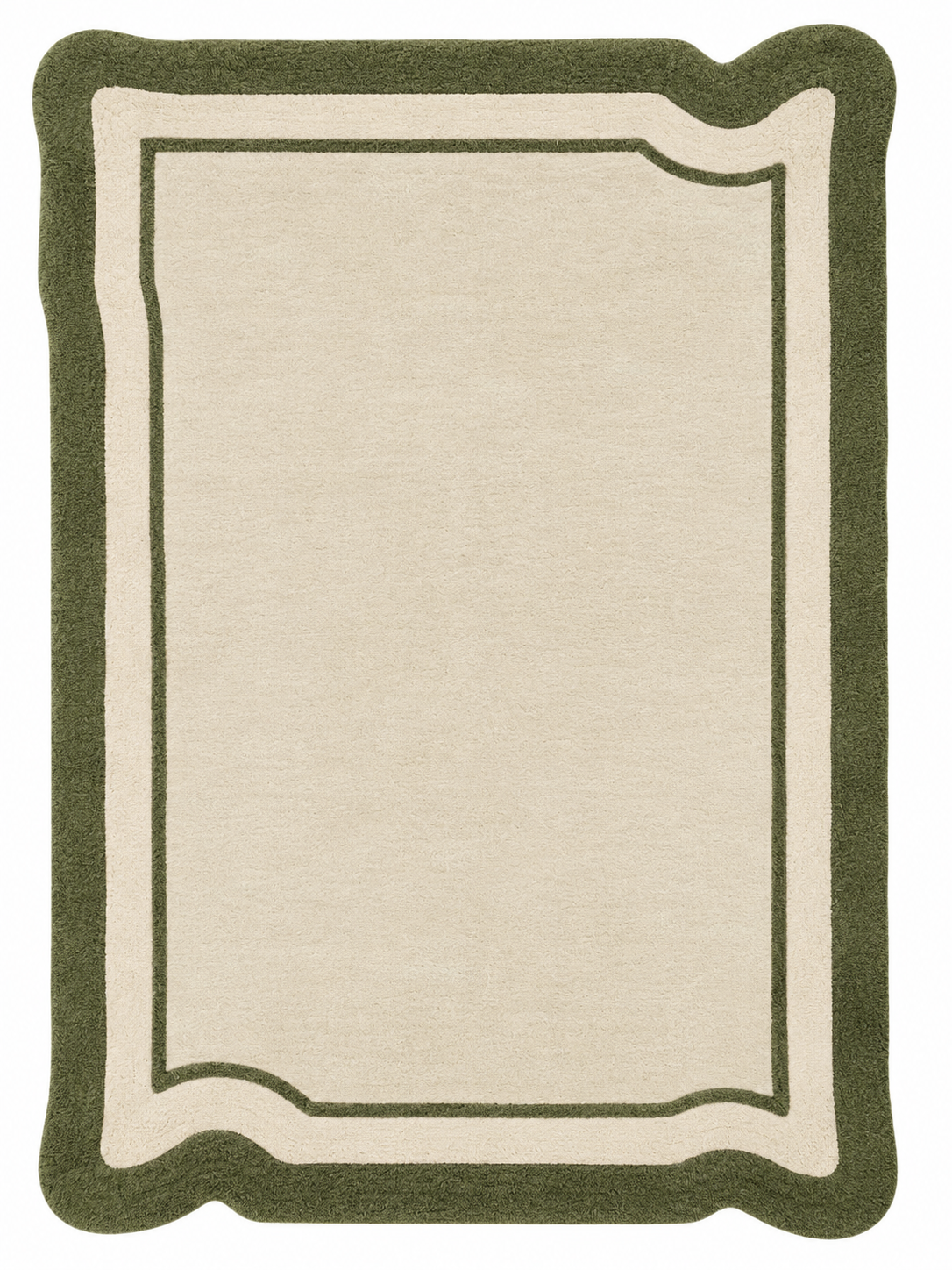 A rectangular area rug with a scalloped border, featuring a warm cream center, a light beige inner border, and a dark olive green outer border.
