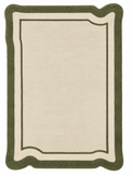 A rectangular area rug with a scalloped border, featuring a warm cream center, a light beige inner border, and a dark olive green outer border.
