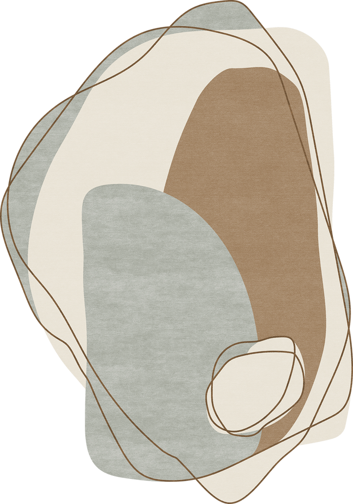 Abstract art piece with geometric shapes in brown, gray, and beige on a white background