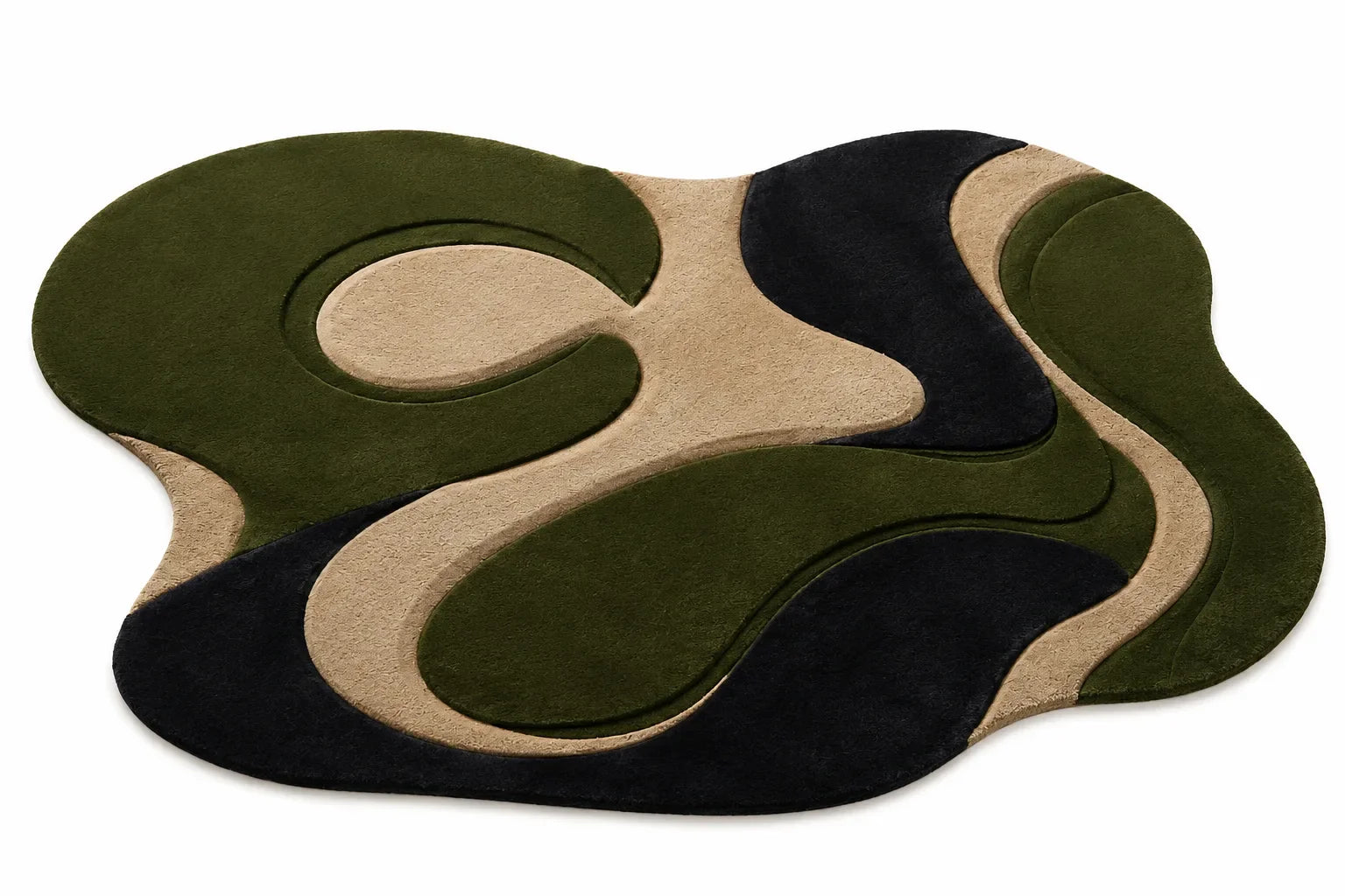Abstract rug with wavy patterns in green, black, and beige on a white background