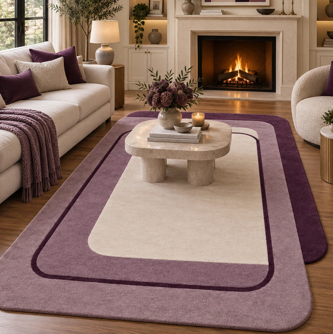 Purple and cream 9x12 rectangular area rug in a modern living room with geometric framed design