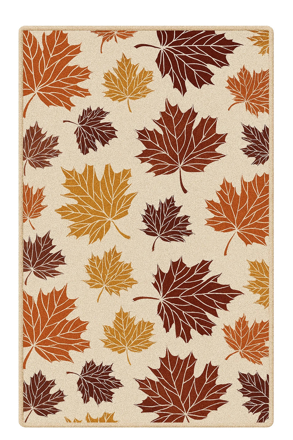 Machine washable rug with maple leaf pattern in fall colors.