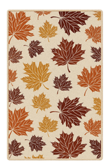 Machine washable rug with maple leaf pattern in fall colors.
