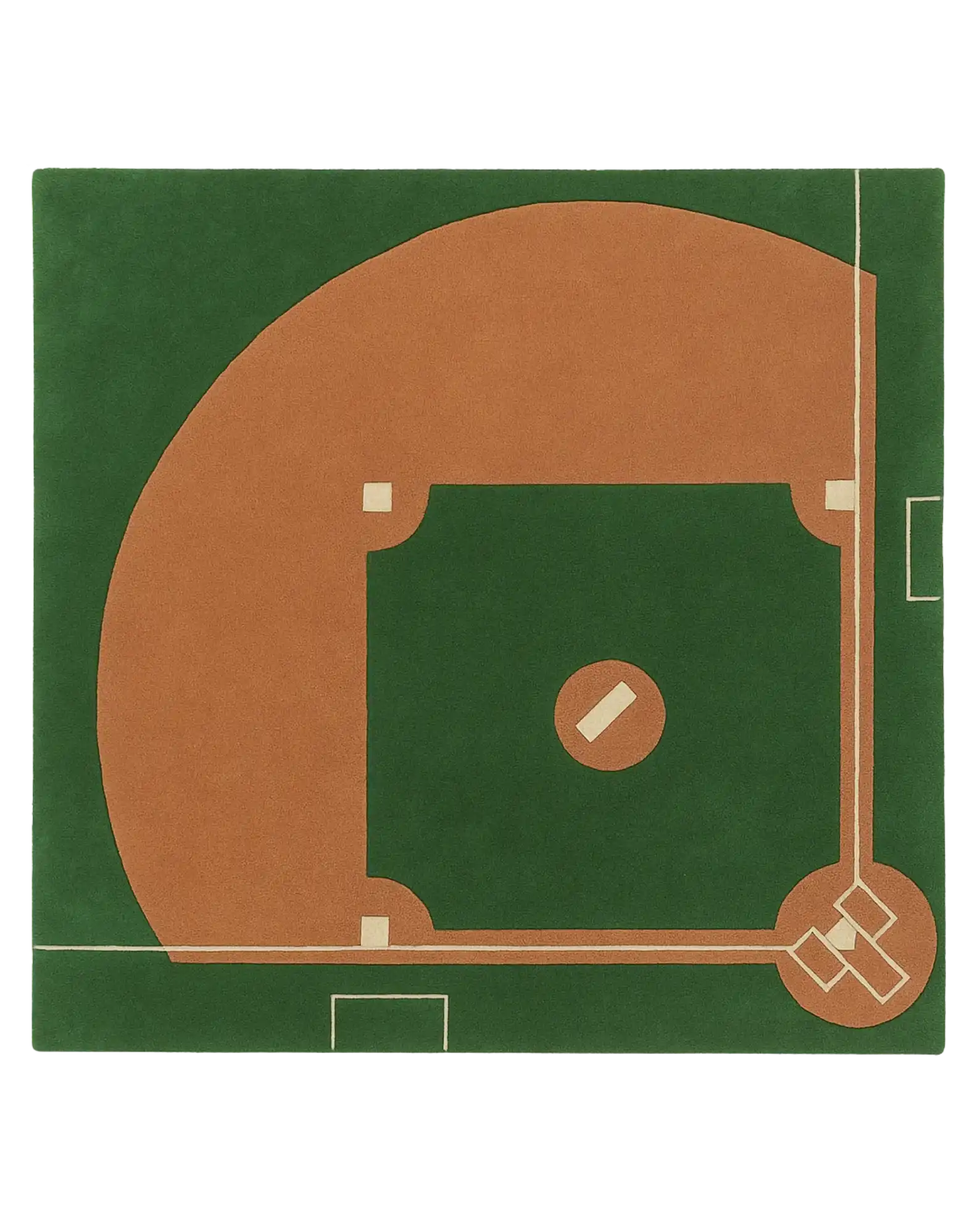 Hand-tufted wool baseball diamond rug with green and brown sports field design.