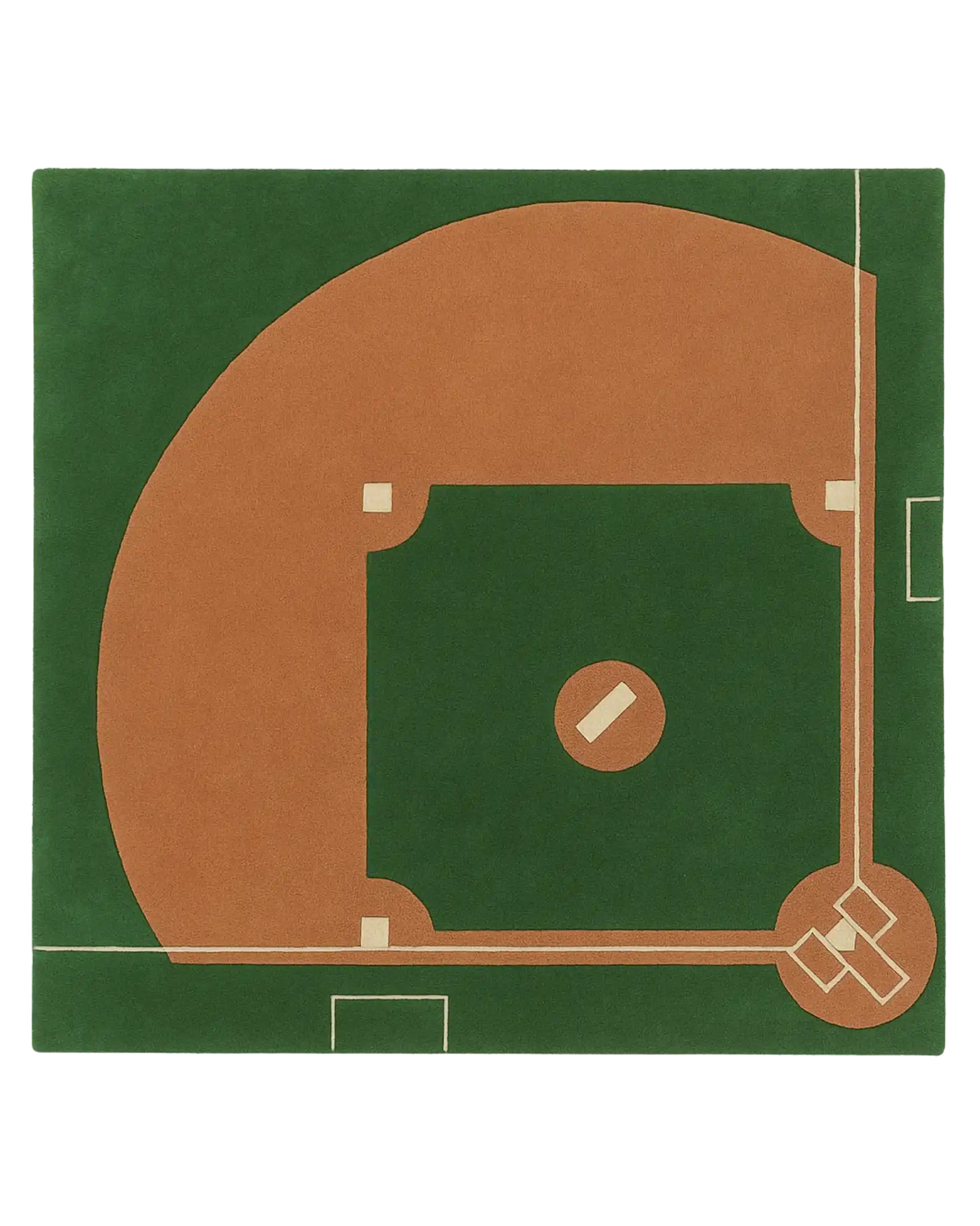 Hand-tufted wool baseball diamond rug with green and brown sports field design.