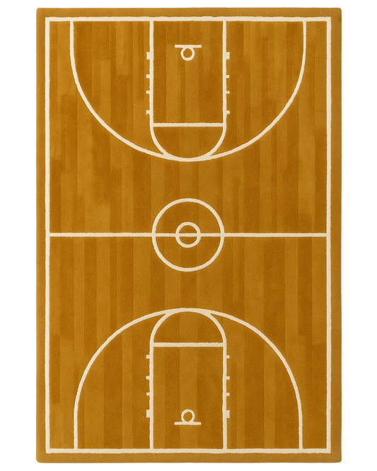 Hand-tufted wool novelty rug with basketball court design.