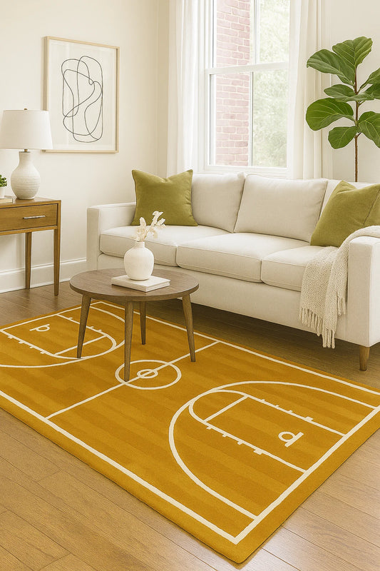Amber and ivory basketball court themed area rug.