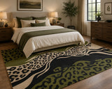 Bedroom with a leopard print rug, bed, and nightstands.