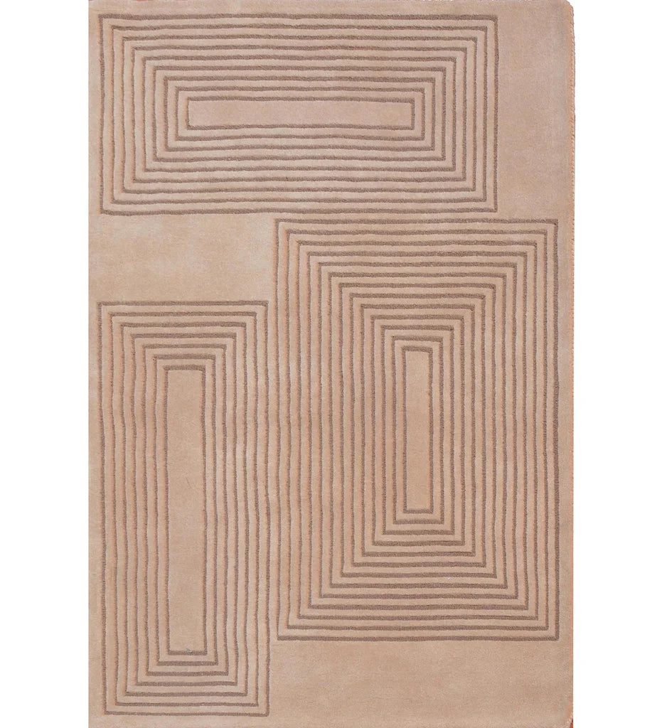 Beige geometric rectangular rug with linework design.