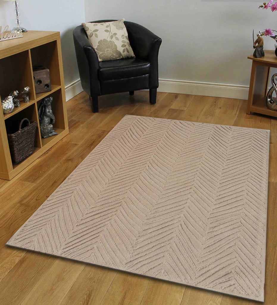 Neutral modern chevron area rug for living room decor.