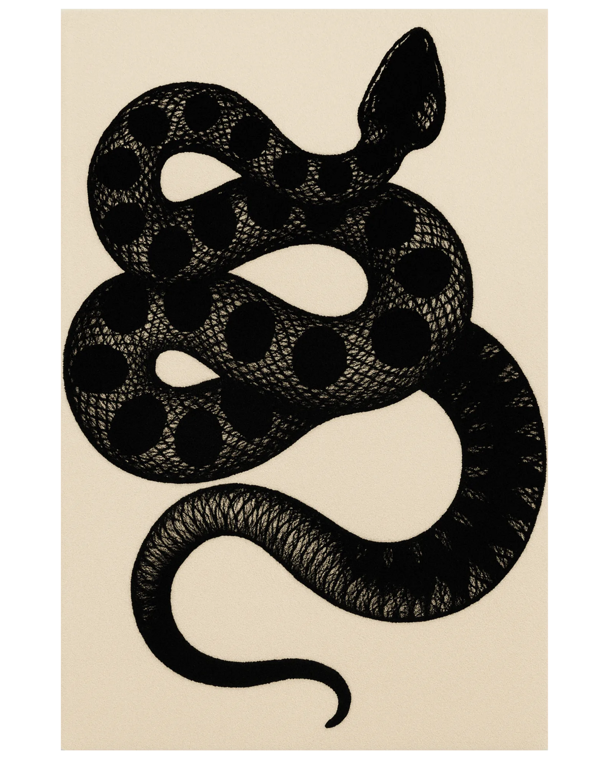 Beige and black snake design novelty rug.