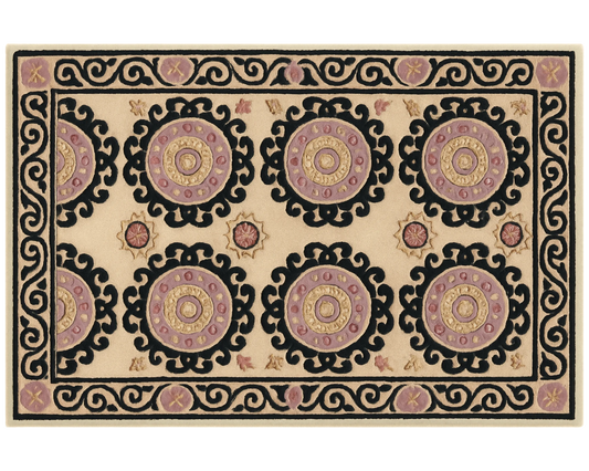 Handcrafted wool Medallion Rug featuring black border and ornate circles.