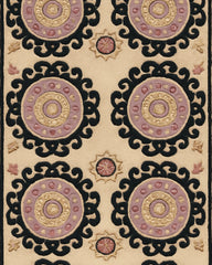 Elegant beige Medallion Rug with gold and lavender circular motifs.