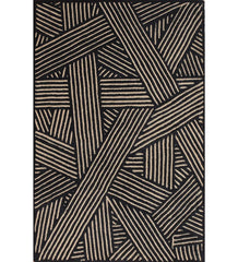 Beige and black hand-tufted wool rug with modern abstract line pattern.