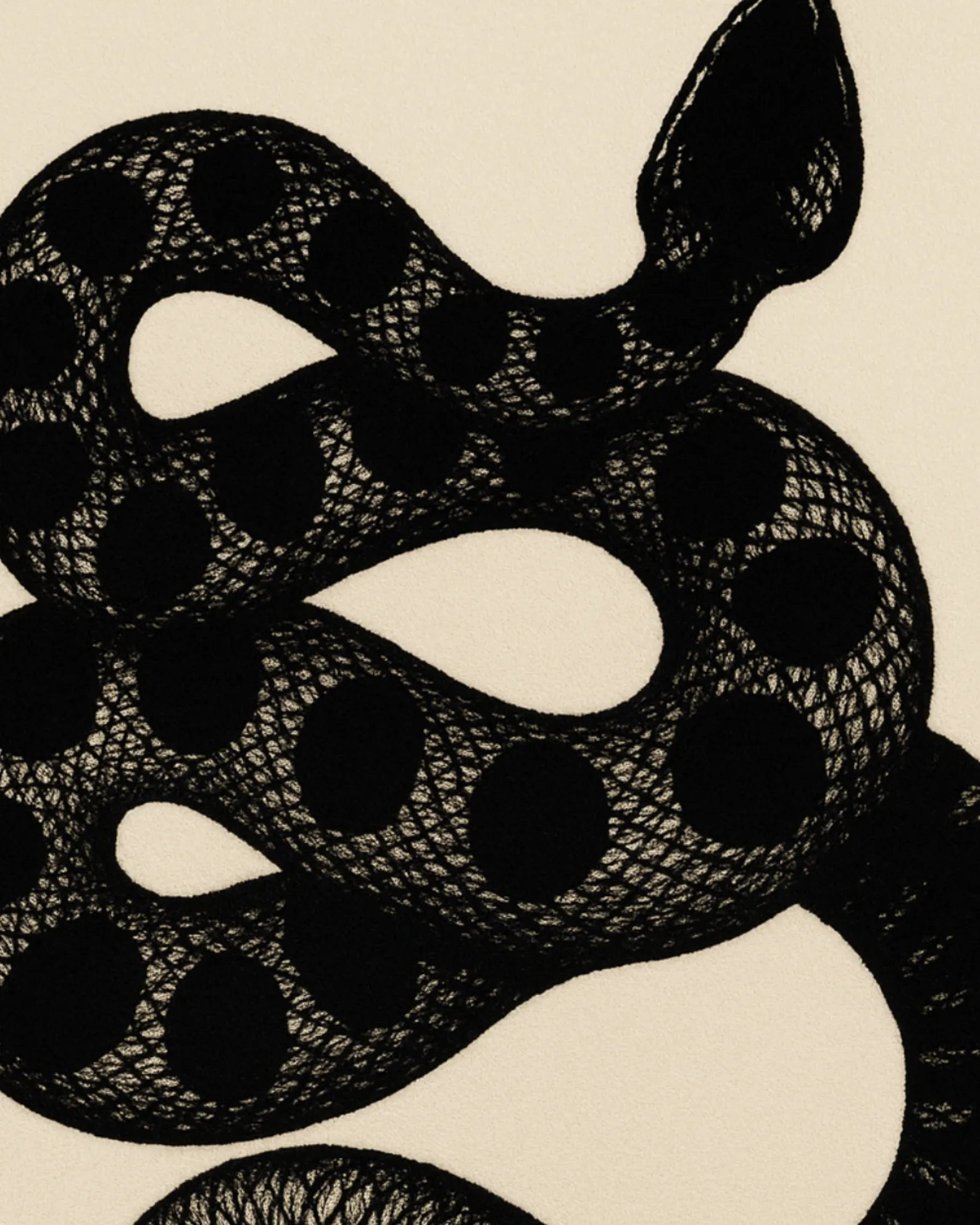 Artistic novelty area rug featuring black snake on beige base.