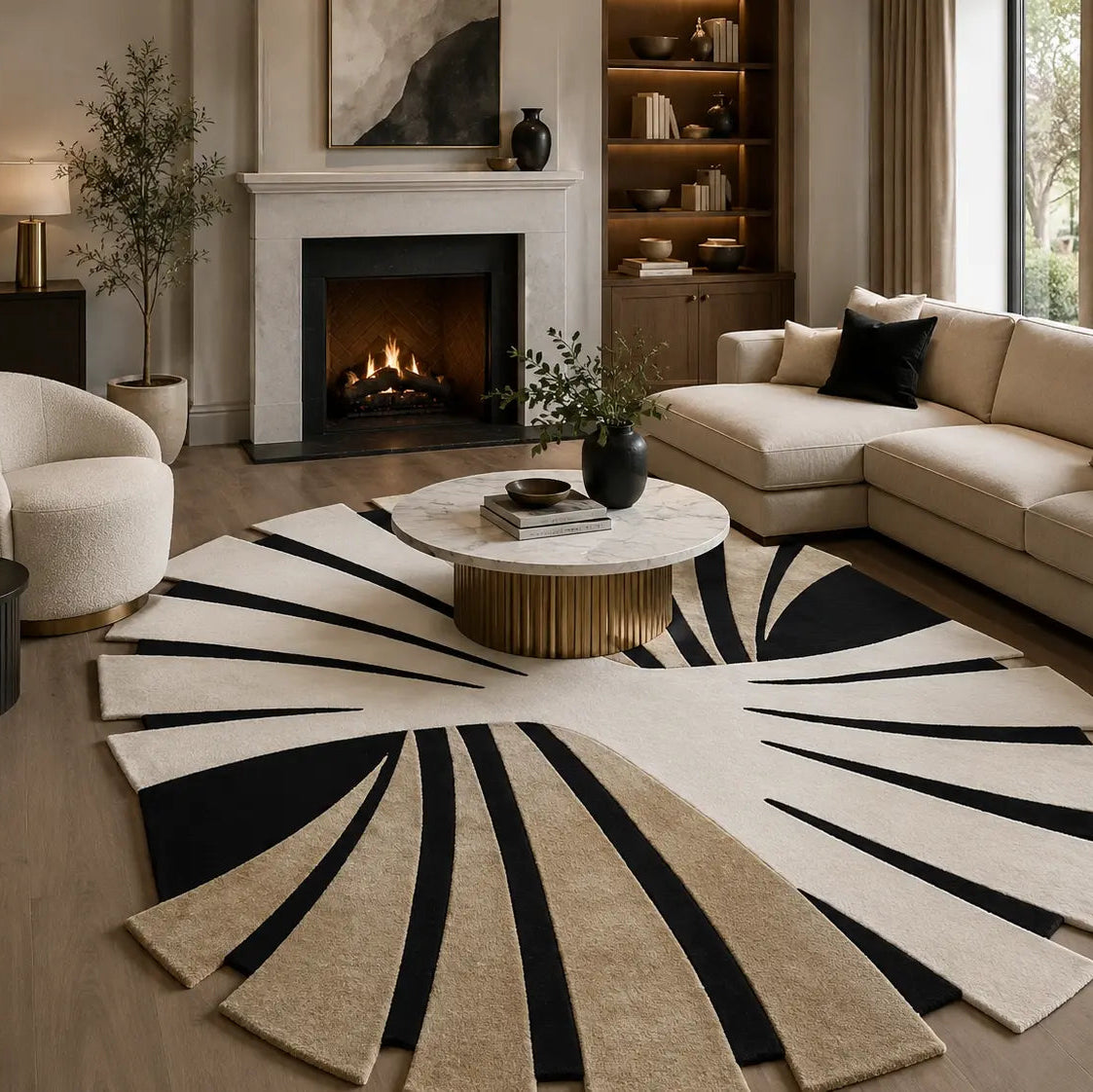 Beige, Black & Ivory Sculptural Oval Area Rug - Hand Tufted
