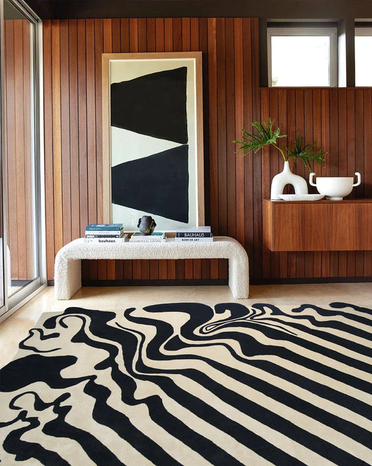 Contemporary beige and black designer rug handcrafted from premium wool.